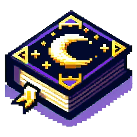 1001 Nights game icon. A pixel art rendering of a book with a purple cover featuring a golden crescent moon and stars.