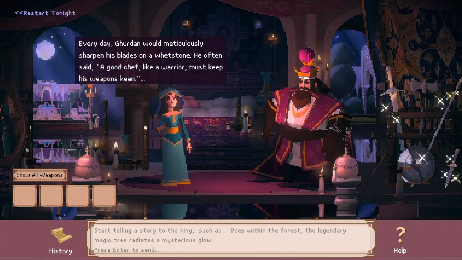Screenshot from 1001 Nights. Player character Shahrzad is shown in conversation with the king. A text box along the bottom of the image gives instructions to the player on how to interact with the game and create a story.