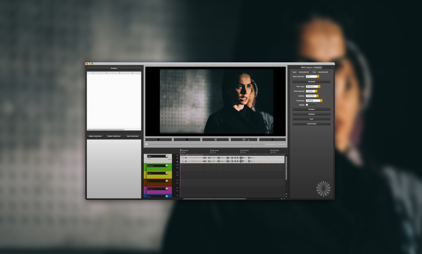 A mockup of Thol’s user interface. The image shows a video timeline with timecodes and a list of sound effects to be added to the timeline.