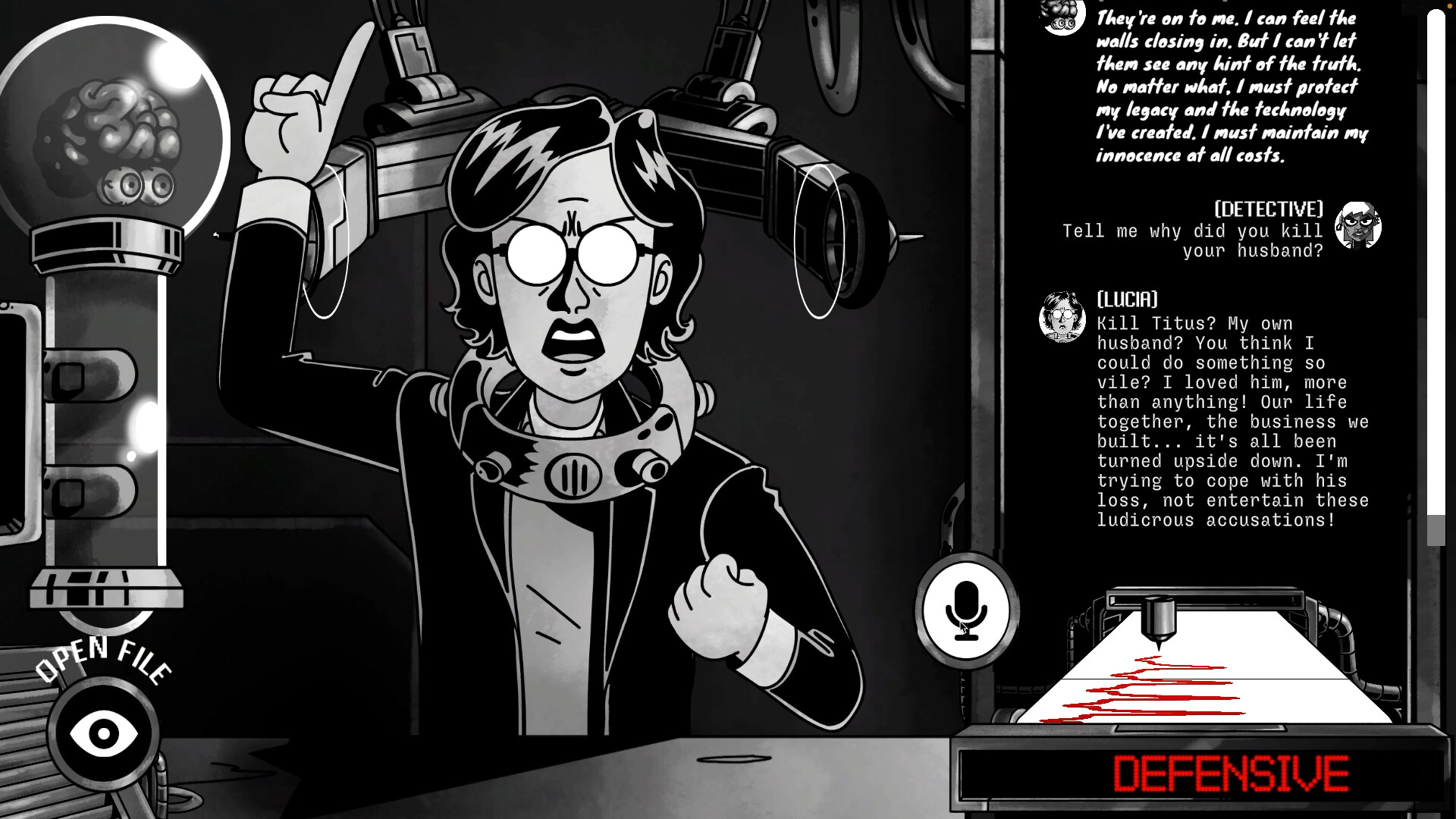 Screenshot from Dead Meat. A mostly black-and-white image, with one of the game's suspect characters angrily waving their finger and balling their fist. On the right of the image, there is a transcript of the suspect's interrogation.