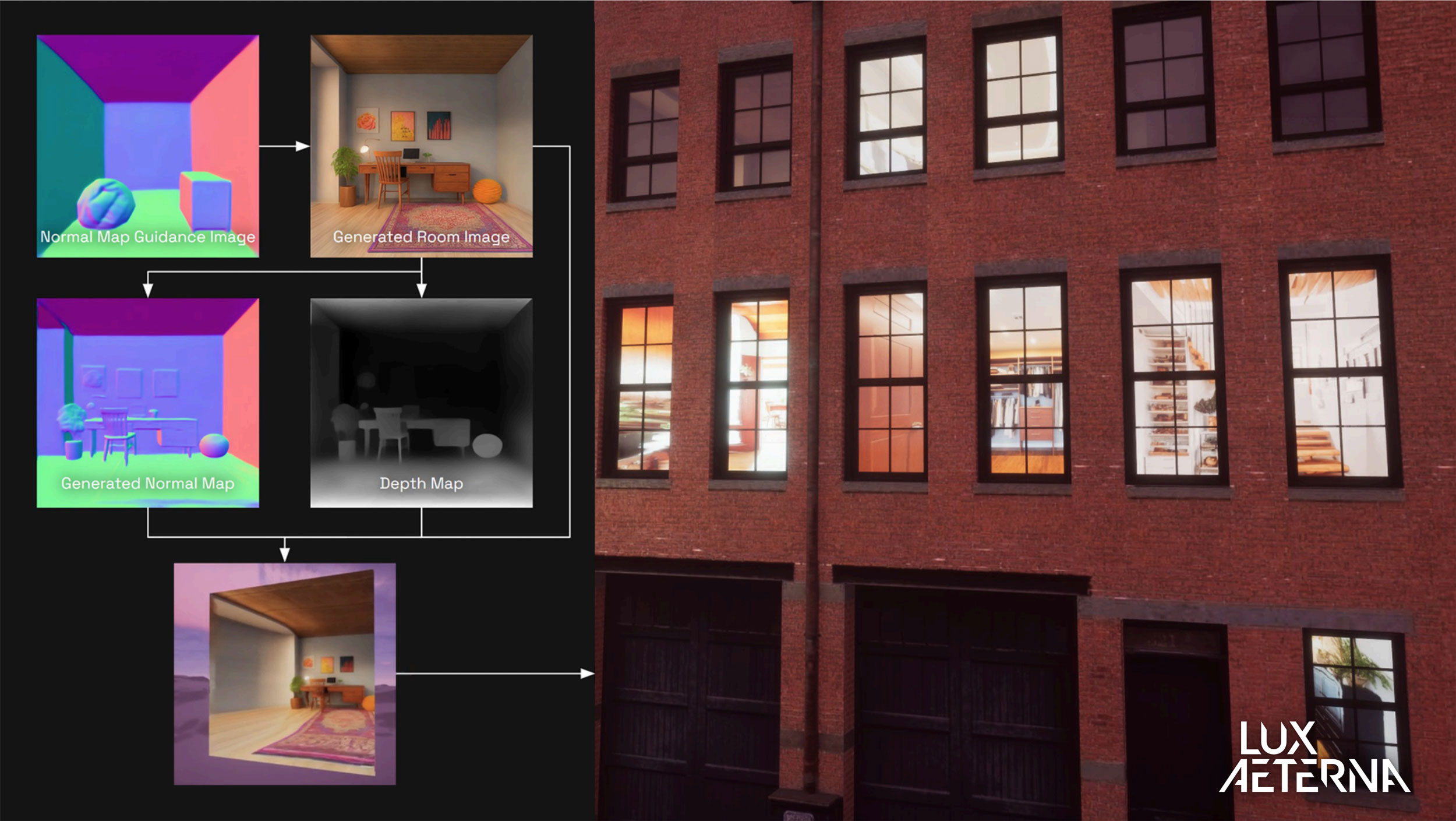 A screenshot of Lux Aeterna's exploration of integrating image diffusion models into the population of large scenes.