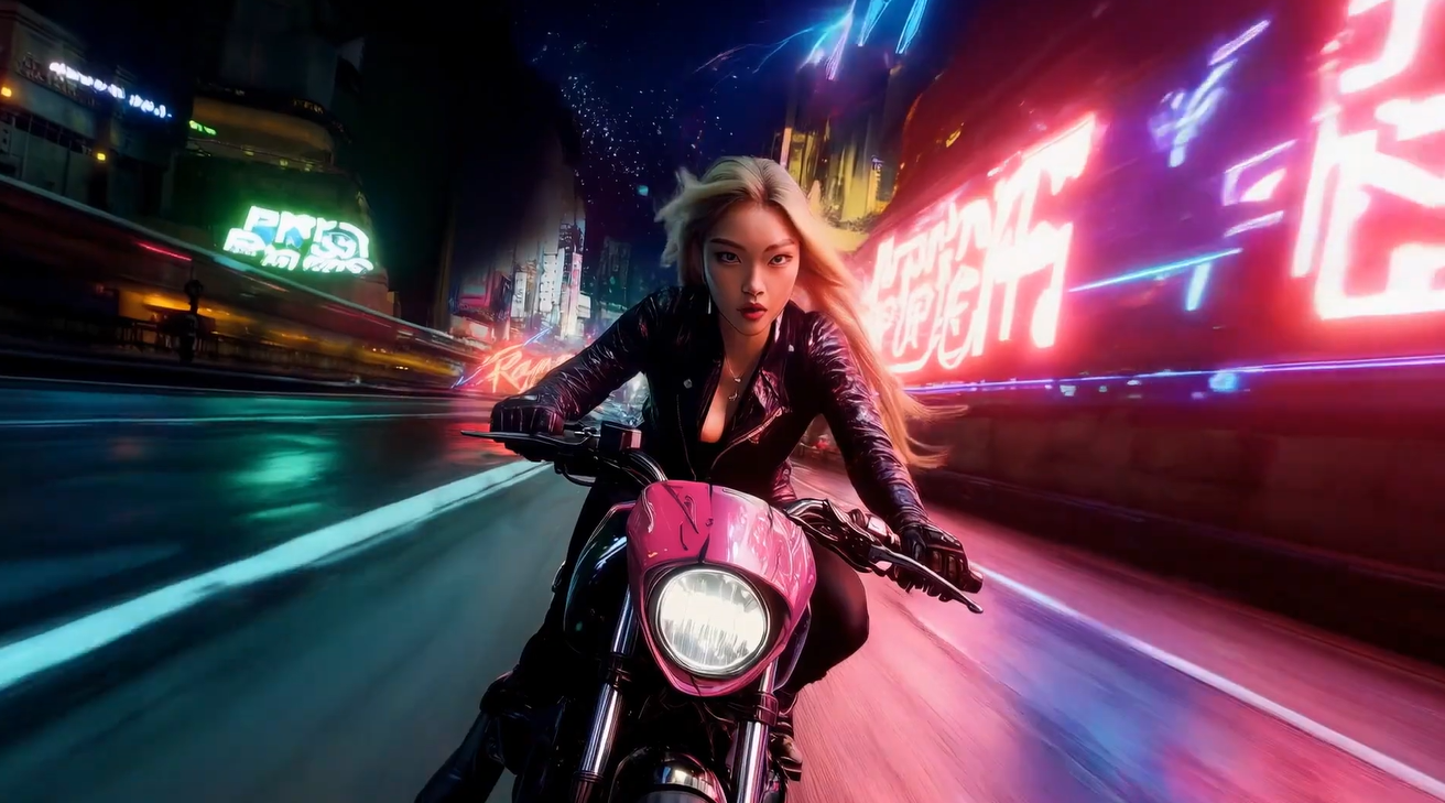 Screenshot from Raynmaker pilot episode. A person is riding a motorcycle down a neon‑lit city street at night, surrounded by vibrant pink and blue light trails and futuristic signage, with hair blown back by the motion and wearing a dark jacket while gripping the handlebars.