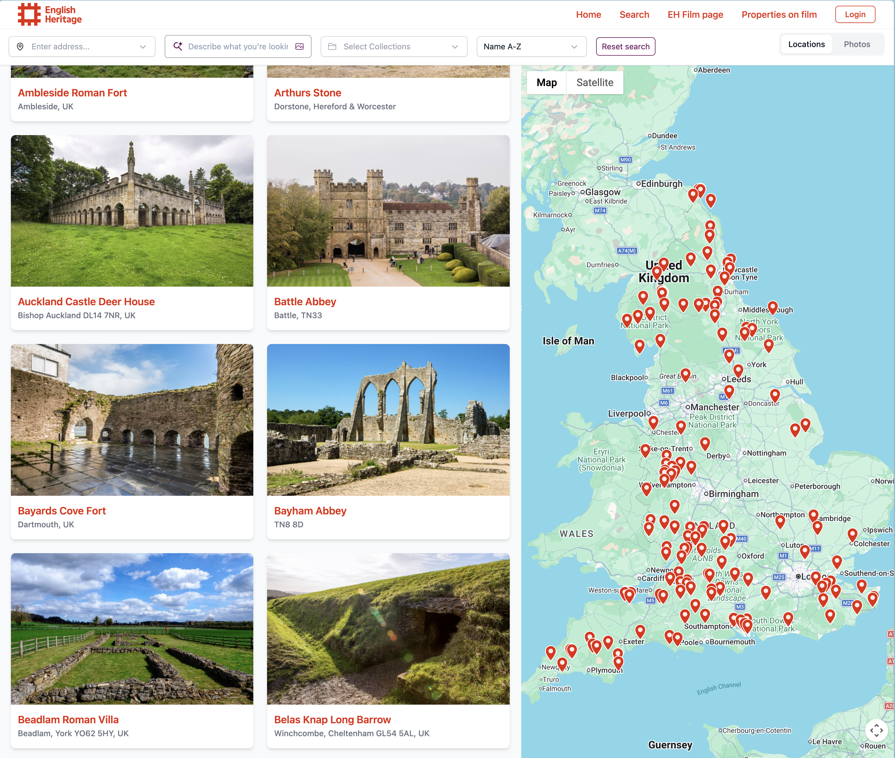 A screenshot of the ScreenScout platform, designed for English Heritage. It shows a grid of historic site listings on the left, each with a photo and name - such as Ambleside Roman Fort, Bayards Cove Fort and Battle Abbey. On the right, an interactive map of the United Kingdom displays red location pins marking English Heritage sites.