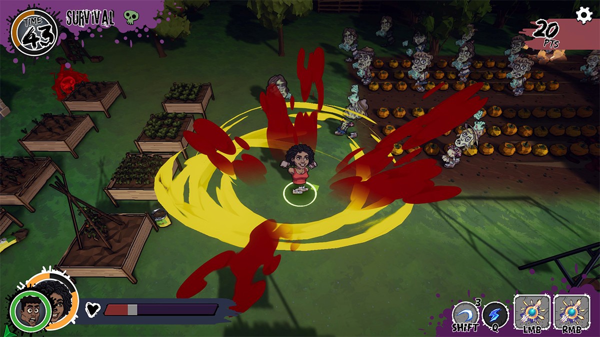 Screenshot from YOU Vs. Zombies. In-game footage with a hand-drawn, comic-book art style. The playable female character is performing an area-of-effect move, indicated by jagged red and yellow energy rays radiating from her. To the right, a horde of zombies emerges from a pumpkin patch. Several wooden garden planters are scattered to the left. The UI shows a countdown timer at 43, a score of 20 PTS and a health bar at the bottom left.