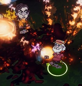 Screenshot from YOU Vs. Zombies. In-game footage showing a bearded man in a cap blasting fireballs at a zombie.